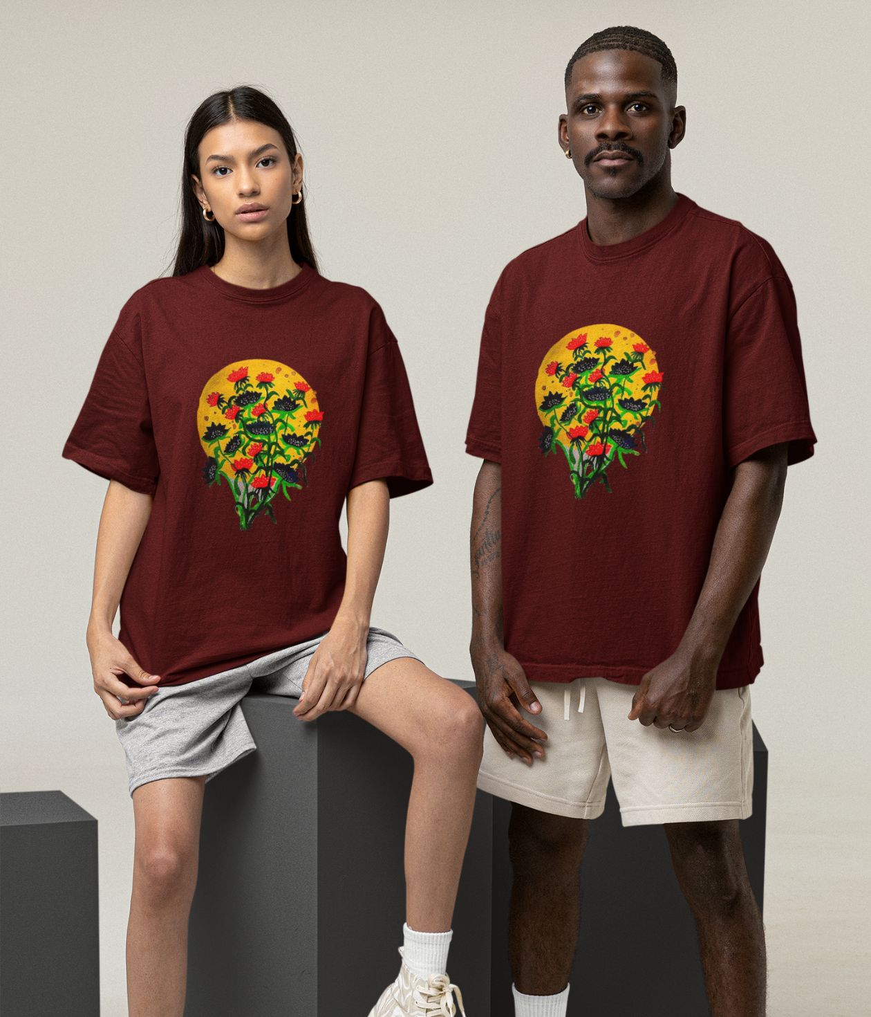 Floral Dusk - Oversized Classic T-Shirt - Dark