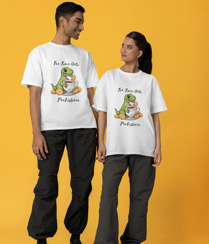 Tea Time Gets Prehistoric - Terry Oversized T-Shirt