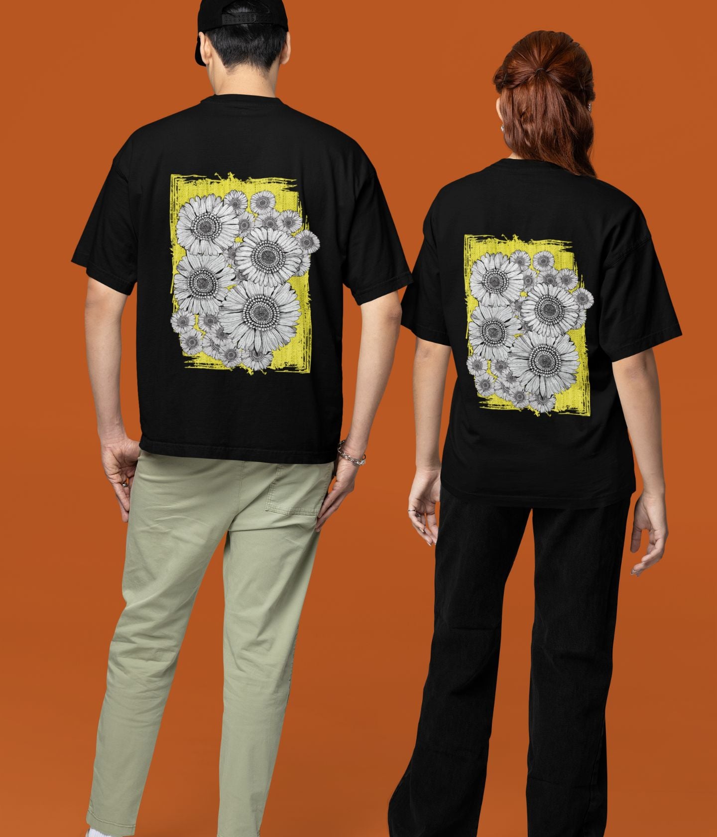 Sunflower Smiles - Oversized Classic T-Shirt - Dark - Back - aiink