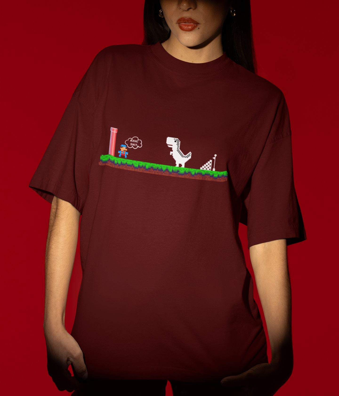 Mario Meets Dino - Terry Oversized T-Shirt - Dark Ai Ink™